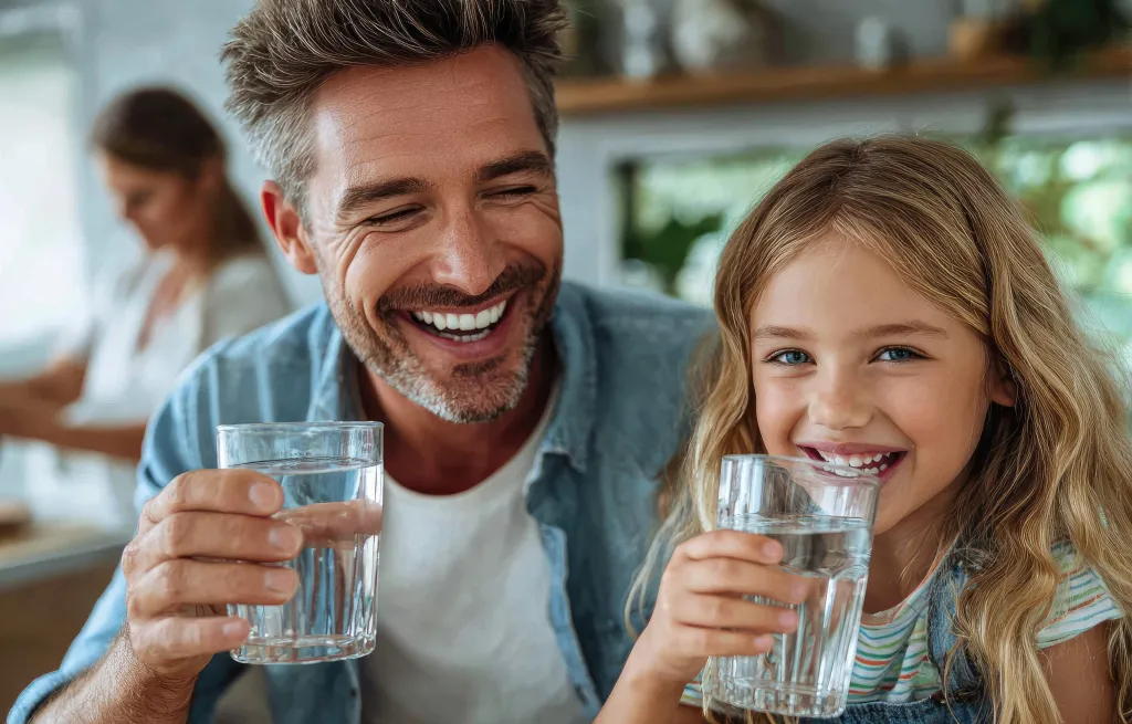 happy family drinking clean water after clear water services installation